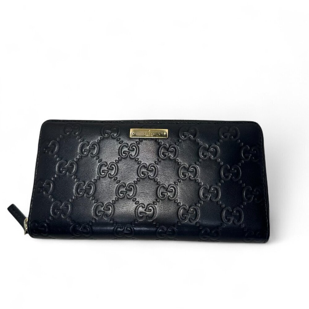 GUCCI Guccissima Leather Zip Around Long Wallet, Black GG Embossed - Picture 8 of 15